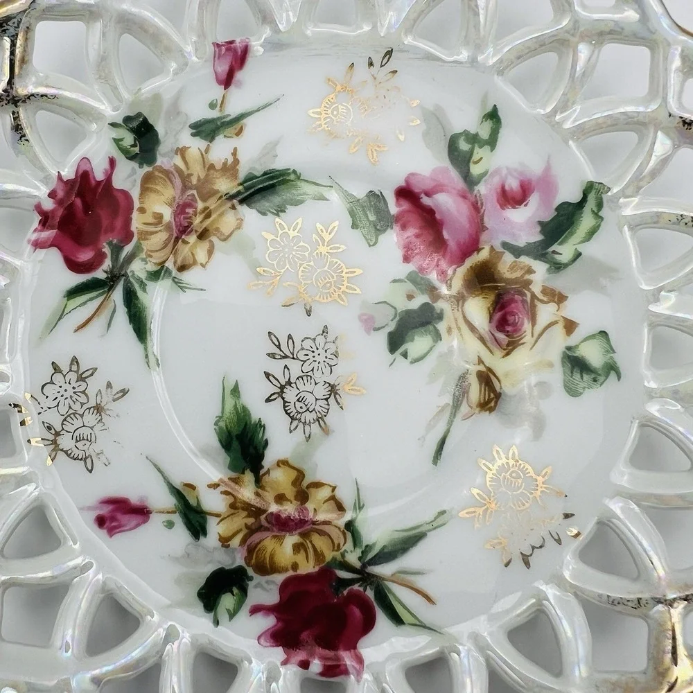 Vintage Reticulated Lace Edge Floral Porcelain Saucer Gold Trim Tea Party Plate
